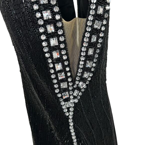 Aleta 738 Black Rhinestone Beaded Plunge Neckline Evening Mini Dress Womens 6 - Picture 4 of 10